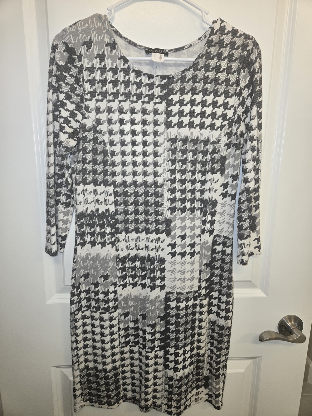 VENUS Black and White Patchwork Houndstooth Midi Dress
